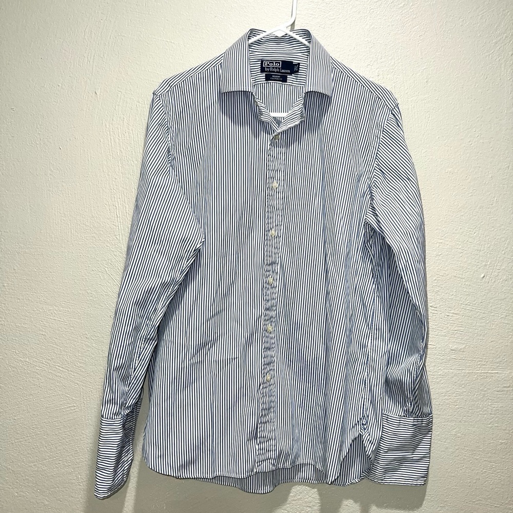 Polo by Ralph Lauren Regent Custom Fit Blue White Strip Dress Button Down Shirt